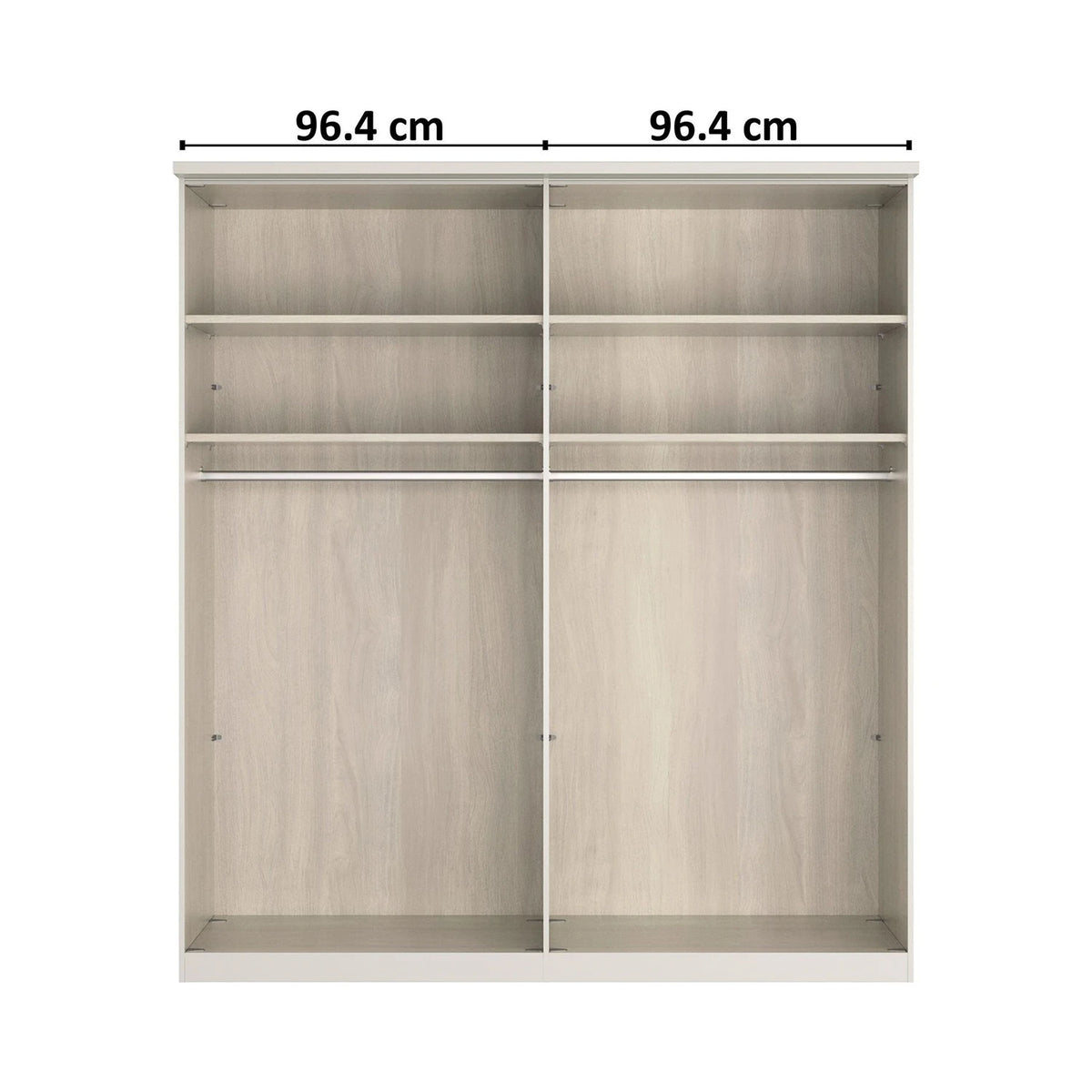 Wiemann wardrobe Interior, three interior shelves, and one horizontal hanging rod, shown with dimension labels indicating 96.4 cm width at the top.