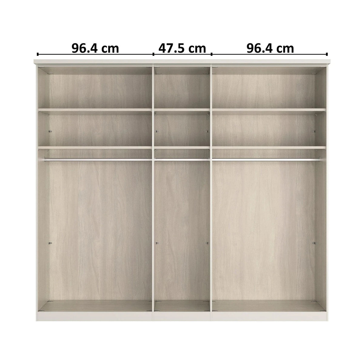 Wiemann 5 Door truro Wardrobe Interior view with six open shelves and two hanging rod sections, shown with overlaid width measurements: 96.4 cm, 47.