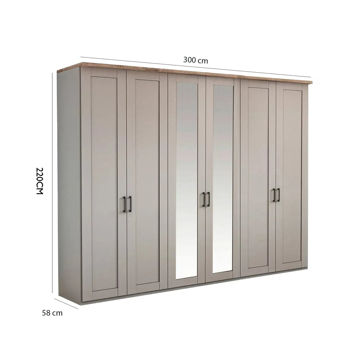 Wiemann Truro Large 6 Door Hinged Wardrobe with Oak Cornice shown on a white background with dimension labels indicating 300 cm width, 220 cm height, and 58 cm depth. 