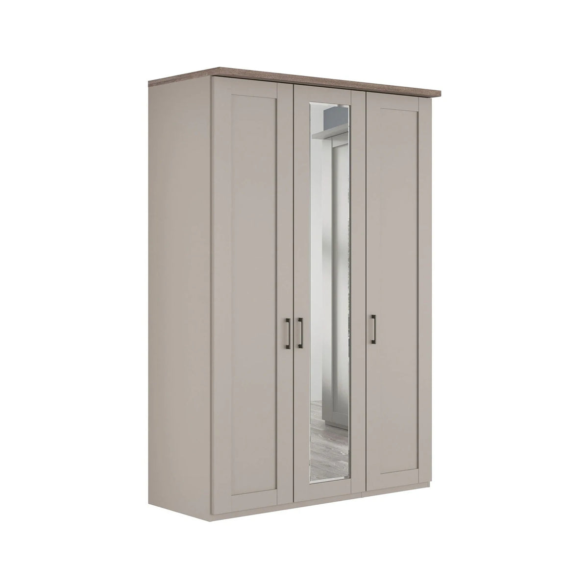 Wiemann Truro 150cm Wide 3 Door Hinged Wardrobe in Pebble Grey With Oak Cornice and Middle Mirror door