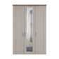 A three-door wardrobe with two solid doors and one central mirror door, finished in a light warm gray with a medium brown wood-look top and slim silver handles.