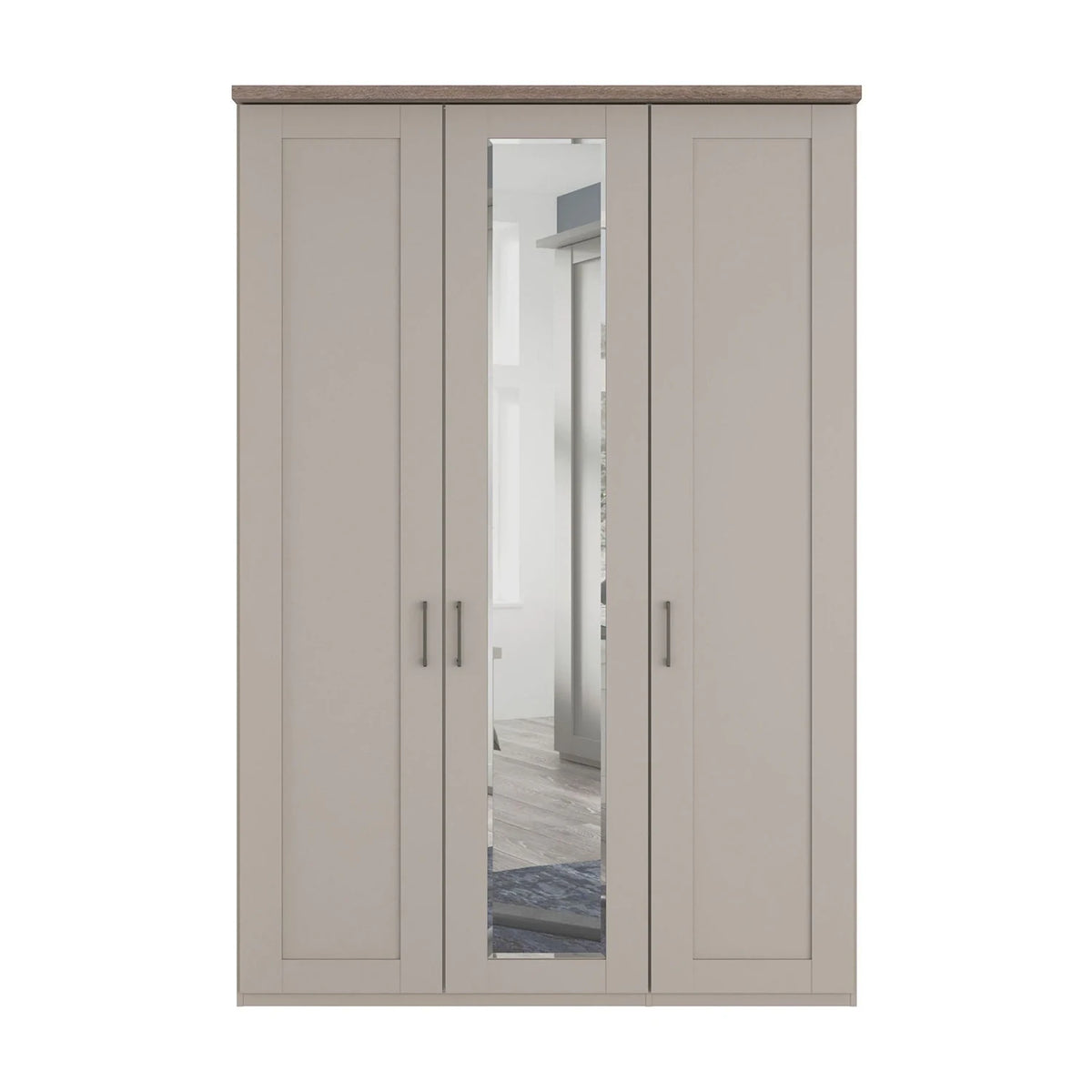 A three-door wardrobe with two solid doors and one central mirror door, finished in a light warm gray with a medium brown wood-look top and slim silver handles.