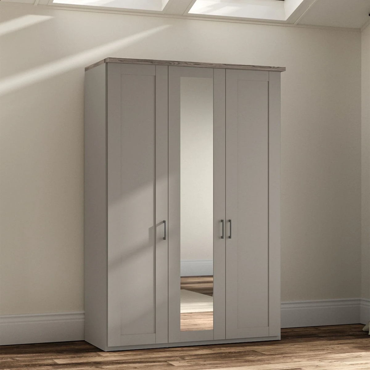 Wiemann Truro 150cm Wide 3 Door Hinged Wardrobe in Pebble Grey With Oak Cornice and Mirror on the middle door