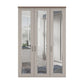 A tall three-door Truro wardrobe or closet with Pebble Grey frames, a medium brown top Cornice, and mirrored glass doors reflecting an interior room.