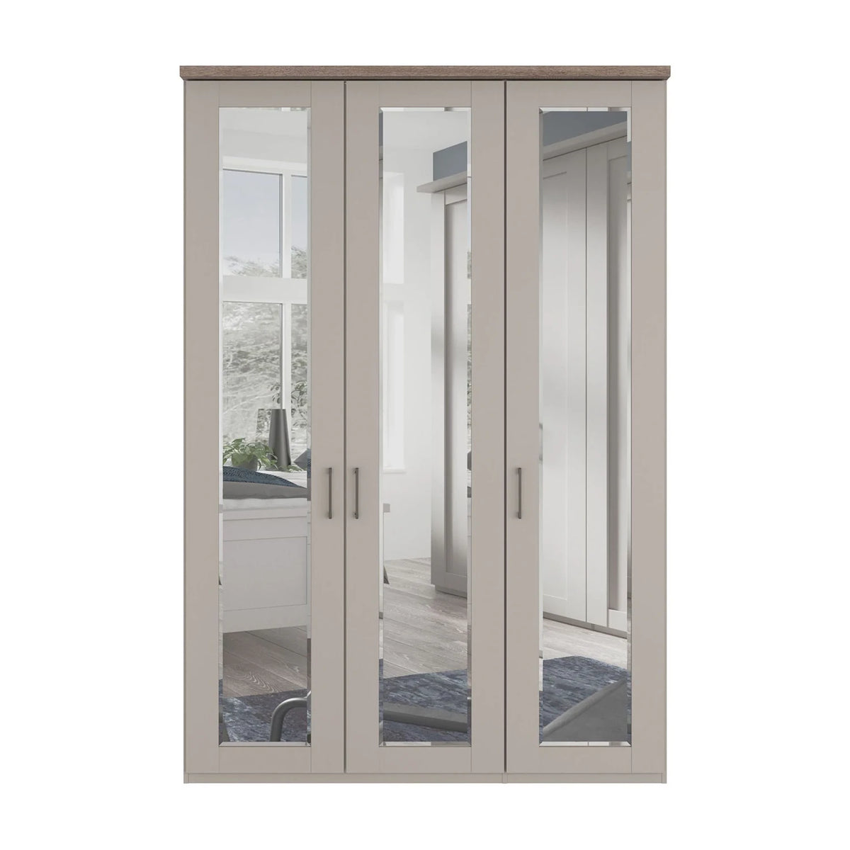 A tall three-door Truro wardrobe or closet with Pebble Grey frames, a medium brown top Cornice, and mirrored glass doors reflecting an interior room.