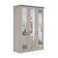 A tall, narrow three-door wardrobe or closet cabinet in a light warm gray finish, featuring Mirror doors with brown wood-look top, shown on a plain white background.