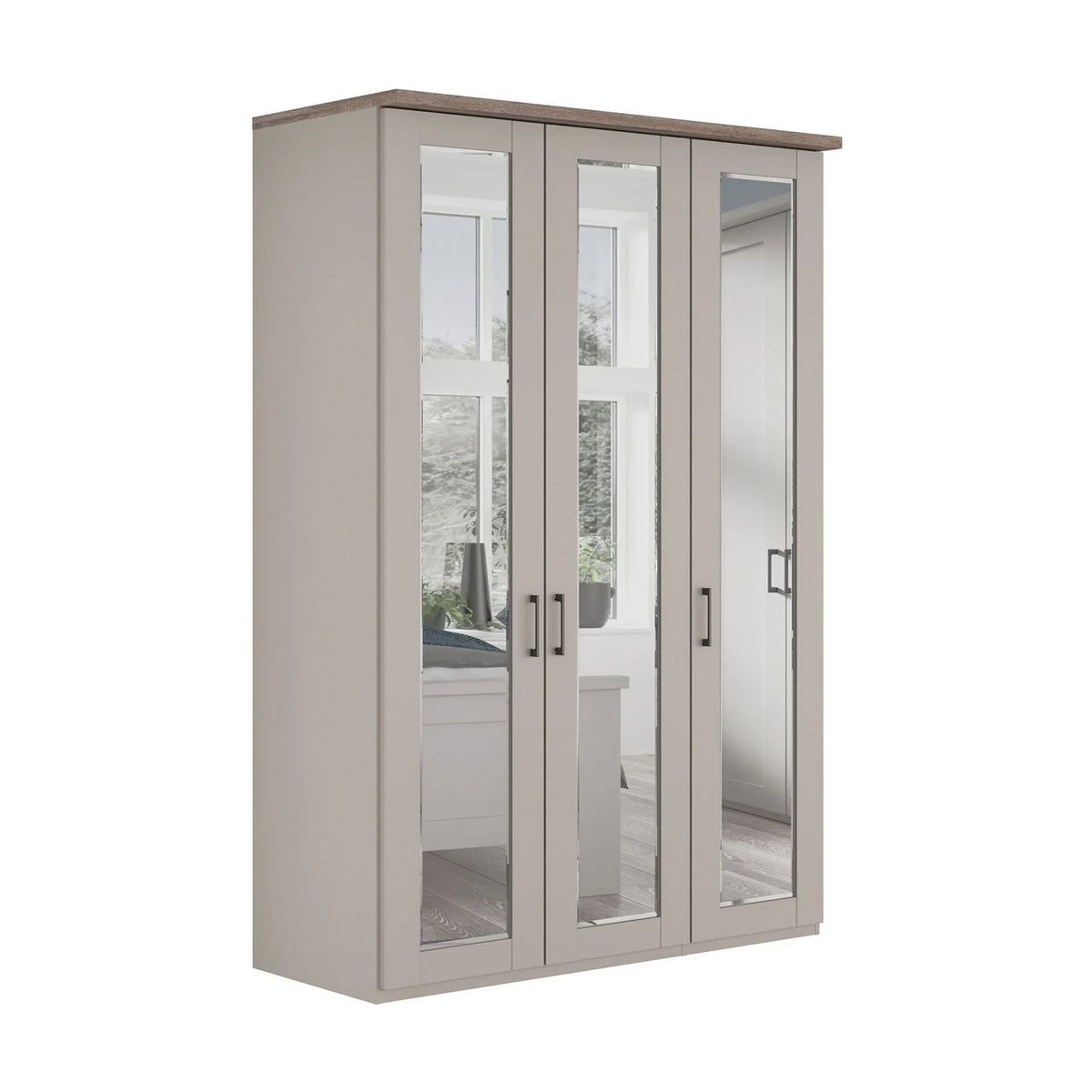 A tall, narrow three-door wardrobe or closet cabinet in a light warm gray finish, featuring Mirror doors with brown wood-look top, shown on a plain white background.