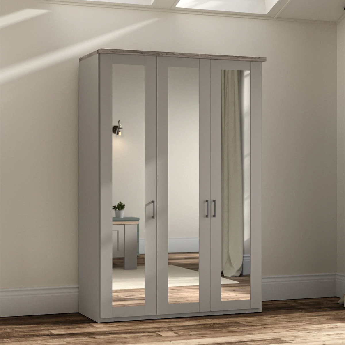 Wiemann Truro 150cm Wide 3 Door Hinged Wardrobe in Pebble Grey With Oak Cornice and Mirror on all doors