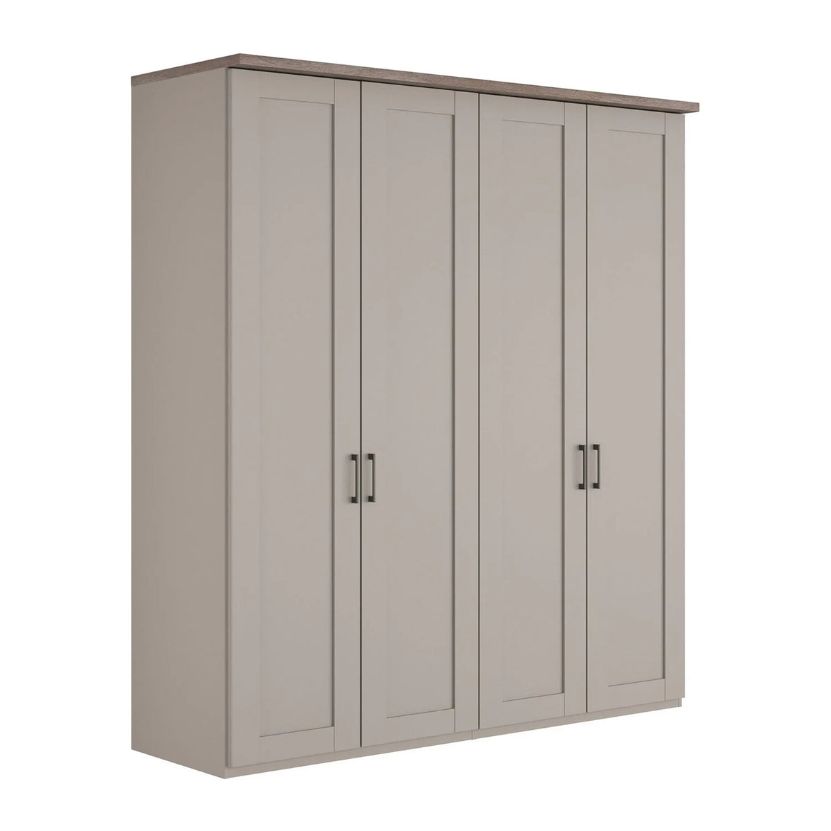 A tall four-door Wiemann Truro wardrobe with paneled doors, a medium brown top, and slim dark metal handles, shown on a plain white background.