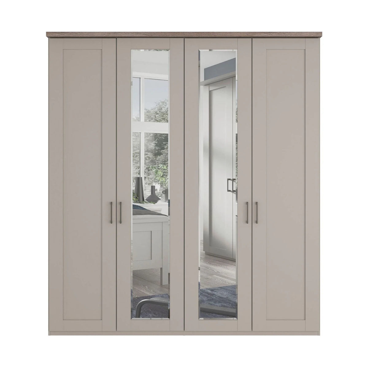 A tall four-door Wiemann Truro wardrobe with paneled doors in Pebble Grey finish, a medium brown top, and slim dark metal handles, shown on a plain white background.