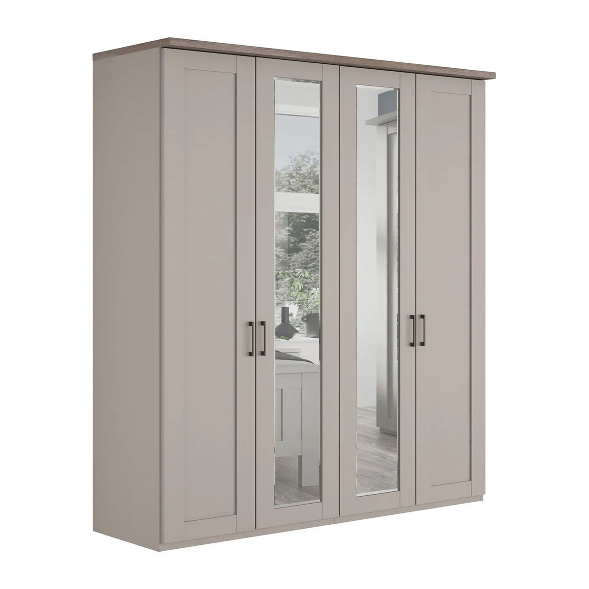 A tall four-door Wiemann Truro Pebble Grey Colour wardrobe , featuring two Mirror doors with dark metal handles and two solid inner doors. The wardrobe is shown against a plain white background.