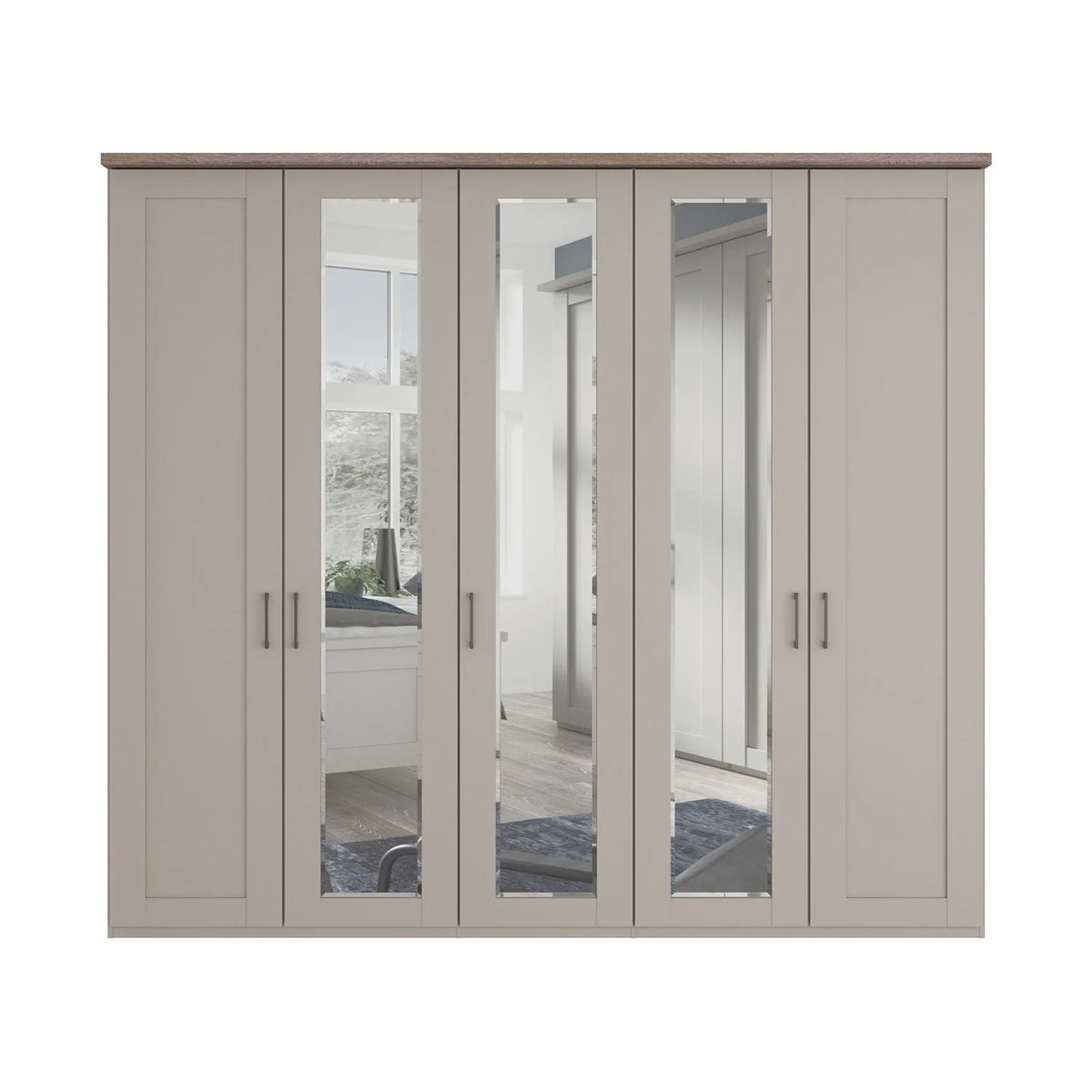 Wiemann truro 5 Door Wardrobe with Cornice in Pebble grey Finish and Mirror on the Middle three Doors Width 250cm Height 220cm
