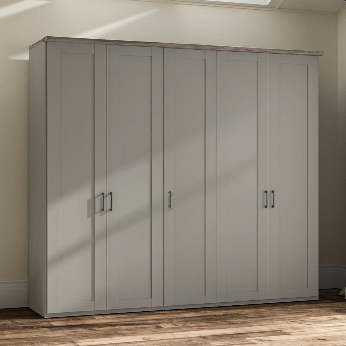 A 5 door 250cm Wide Wiemann Truro Shaker style wardrobe in Peeble Grey Finish with Dark Rustic Oak Cornice