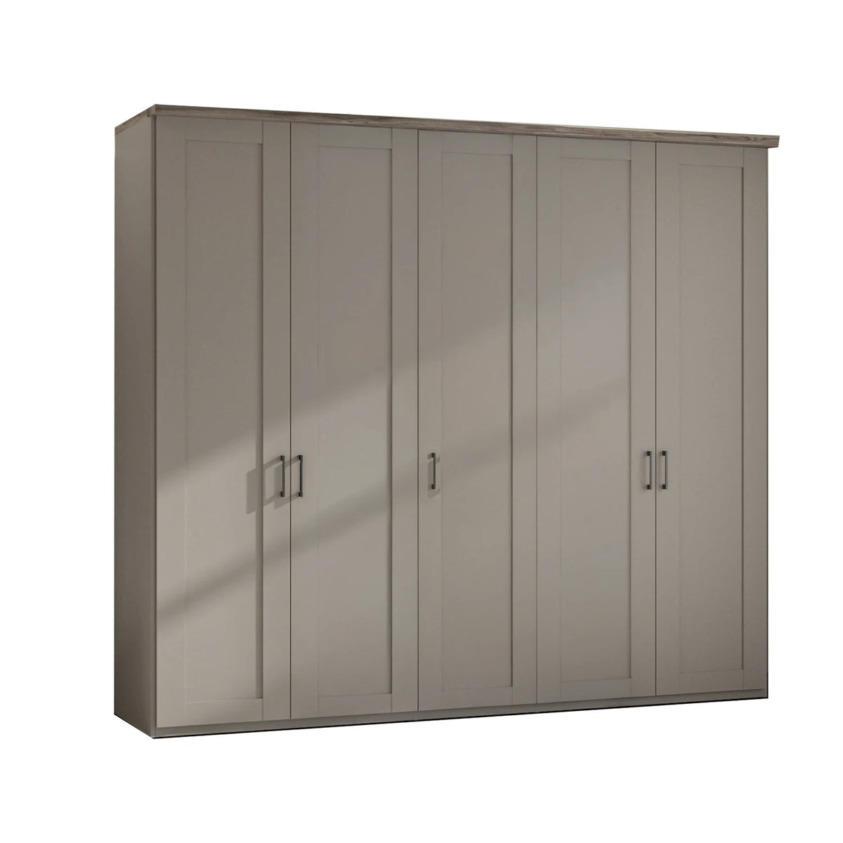A 5 door 250cm Wide Wiemann Truro Shaker style wardrobe in Peeble Grey Finish with Dark Rustic Oak Cornice