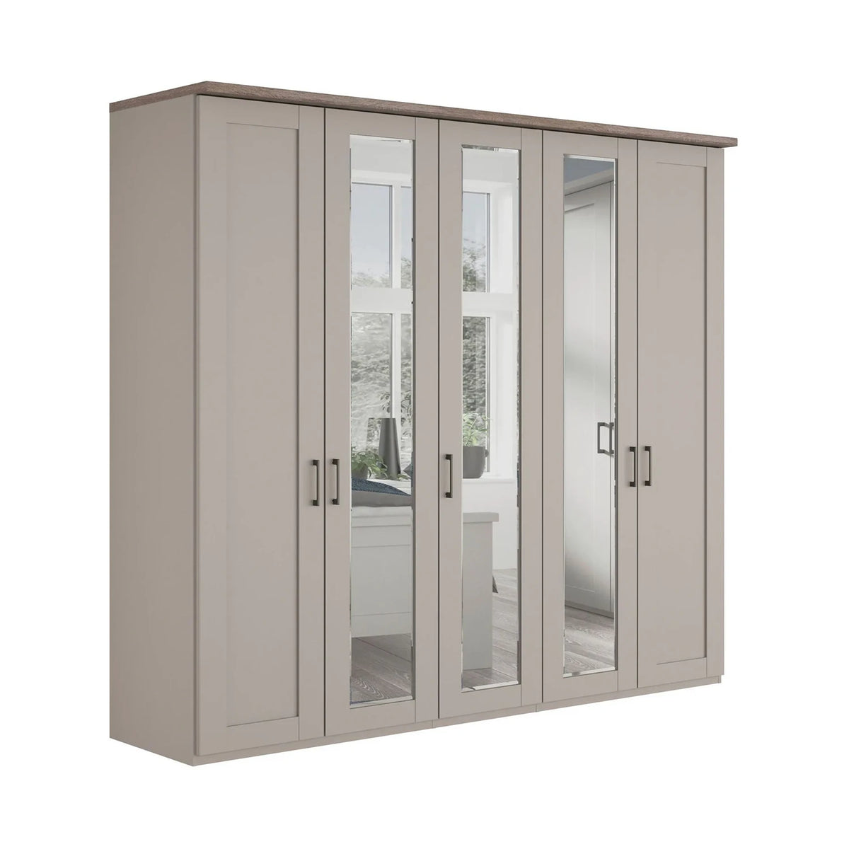A 5 door 250cm Wide Wiemann Truro Shaker style wardrobe in Peeble Grey Finish with Dark Rustic Oak Cornice and Mirror on Middle three Doors