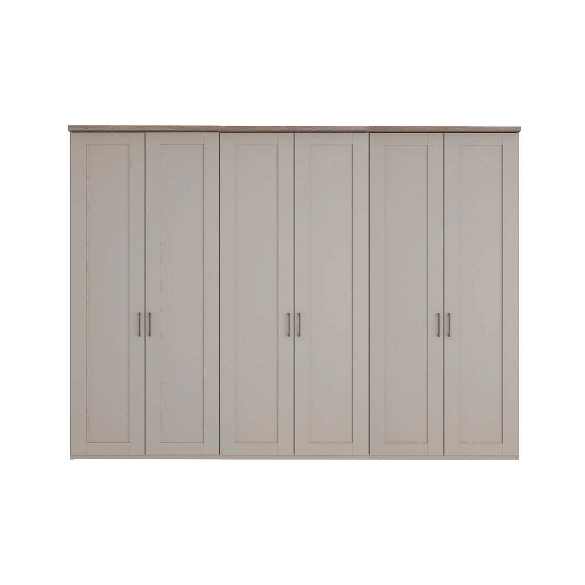 A six-door Wiemann Truro wardrobe or closet cabinet in a Pebble gray finish, featuring recessed panel doors and slim vertical handles, shown against a plain white background.