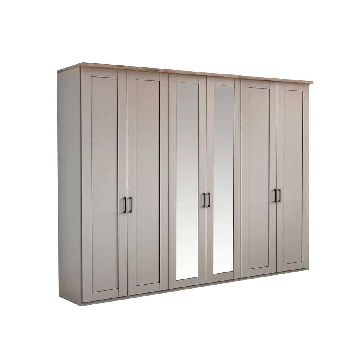 Wiemann Truro Large 6 Door Hinged Wardrobe in Pebble Grey colour with Oak Cornice and Middle Mirror Doors Width 300cm Height 220cm