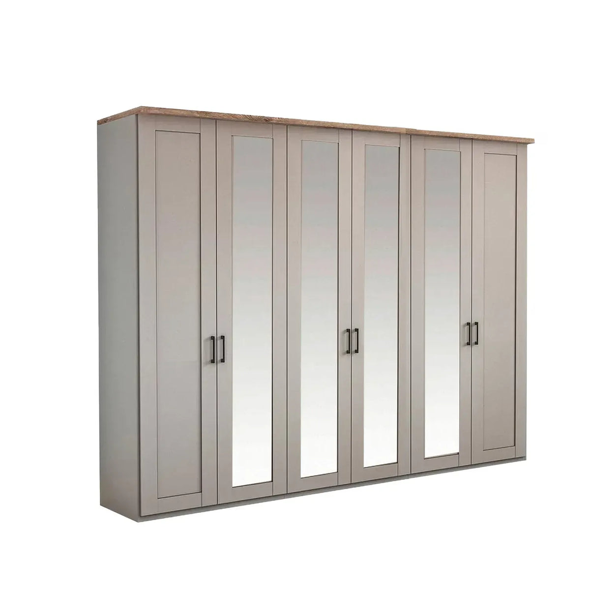 Wiemann Truro Large 6 Door Hinged Wardrobe in White colour with Middle 4 Mirror Doors and Oak Cornice Width 300cm Height 220cm