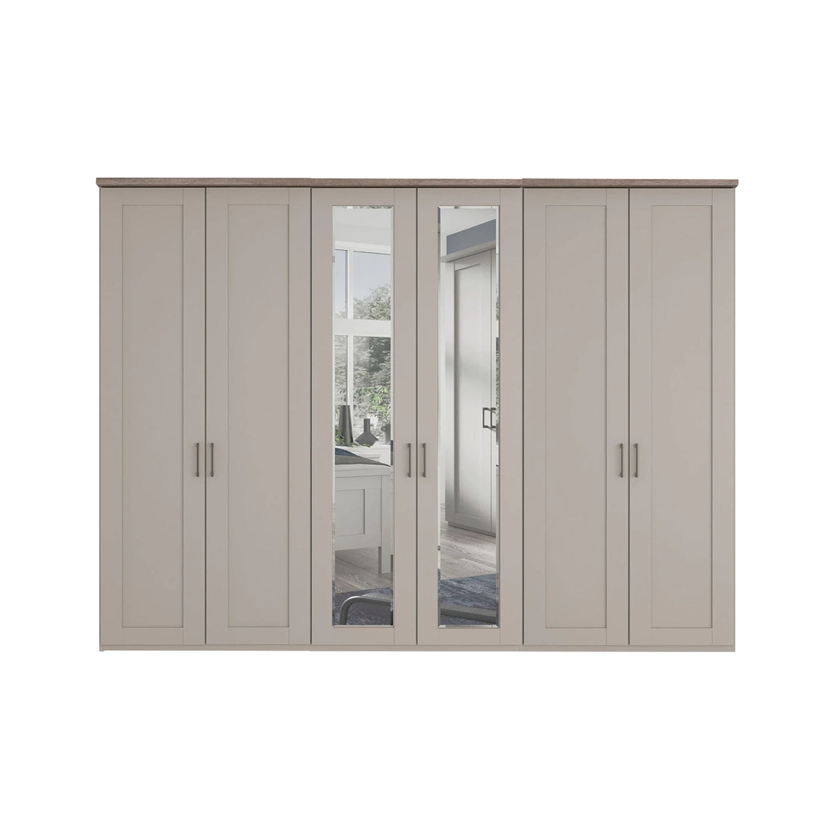 A six-door Wiemann Truro wardrobe with four solid doors and two mirrored doors in the center, finished in a light beige wood tone with slim silver handles.