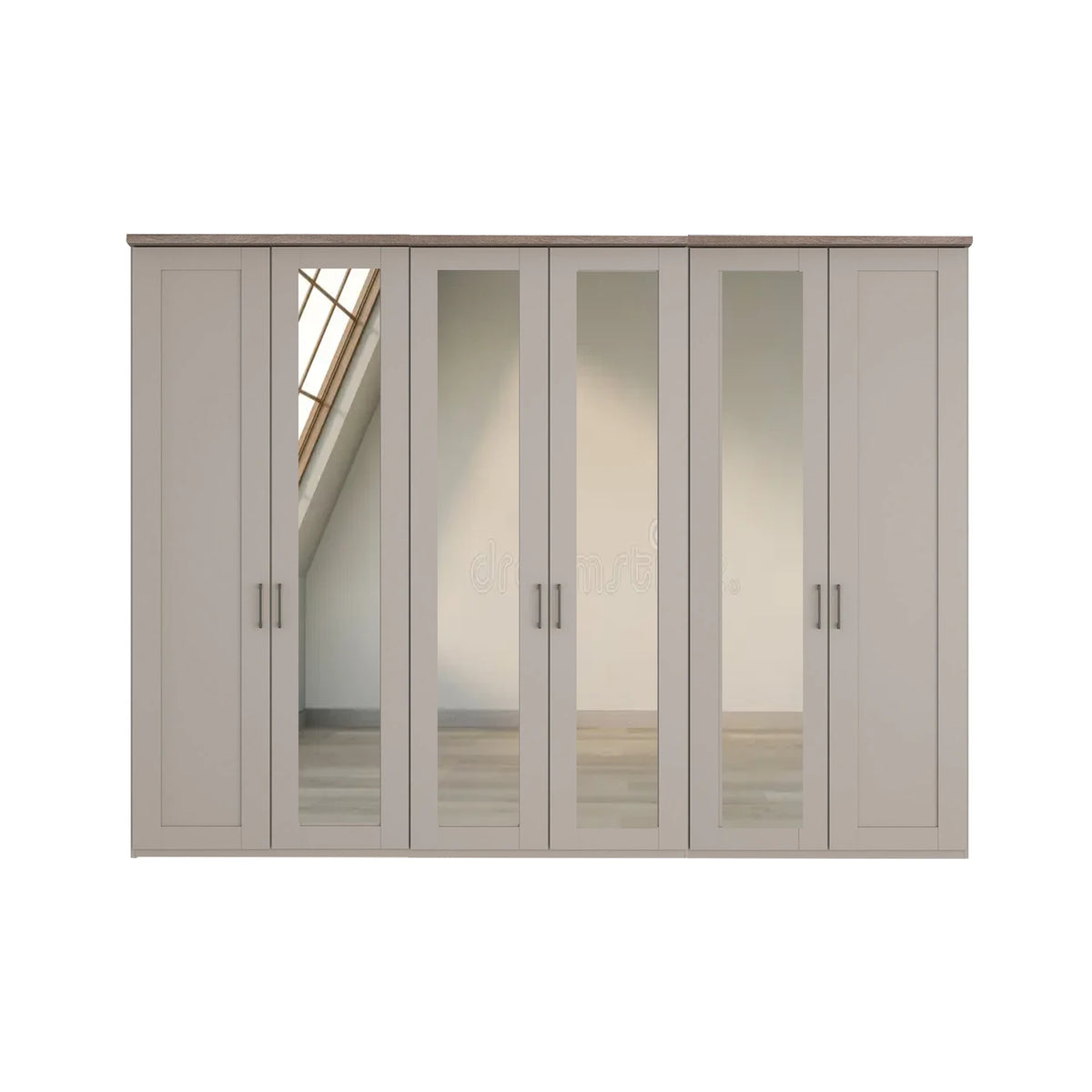 Wiemann Truro Large 6 Door Hinged Pebble Grey Wardrobe with 4 Mirror Doors and Oak Cornice Width 300cm Height 220cm