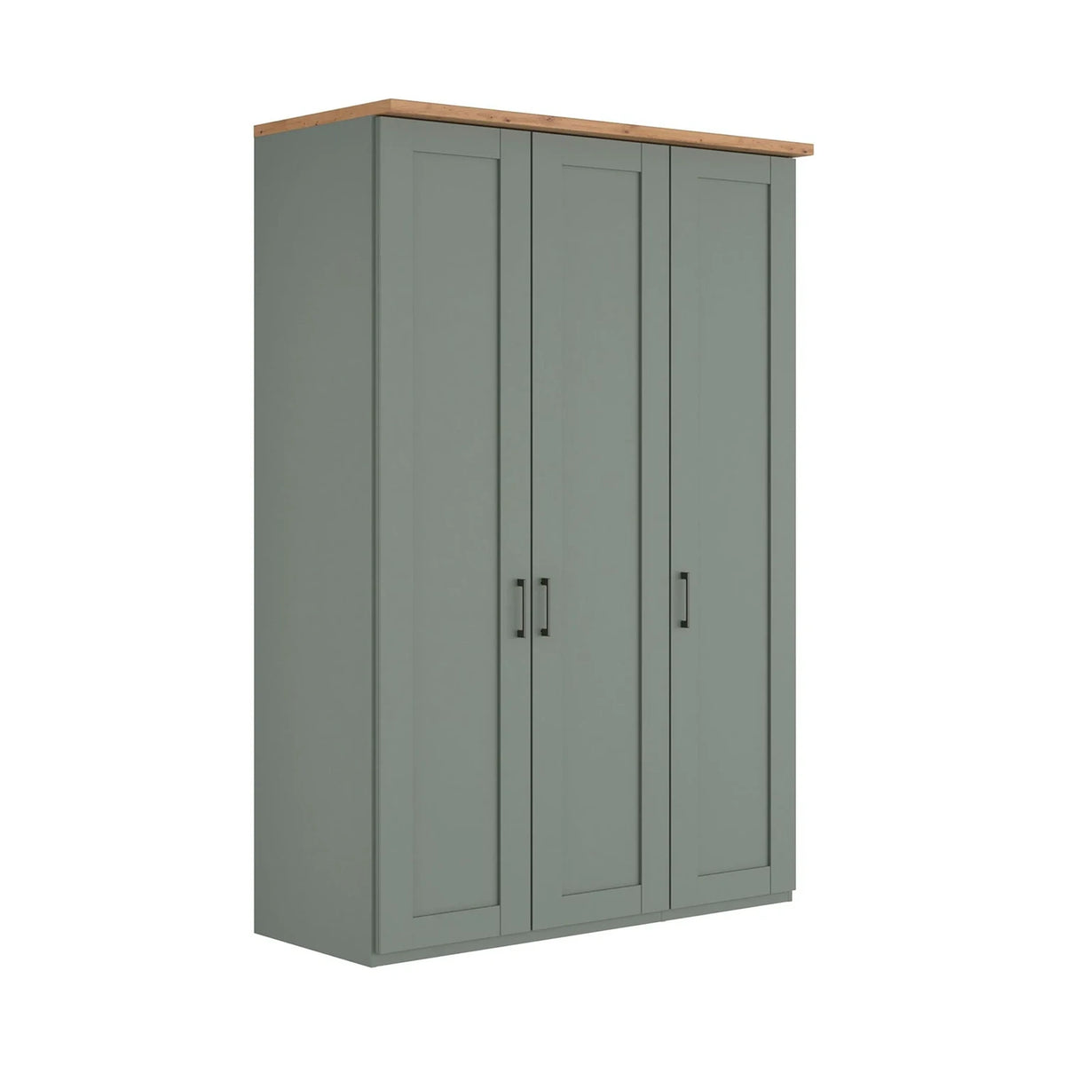 A three-door wardrobe cabinet in a muted sage green finish with a natural oak wood top and black metal handles, shown on a plain white background.