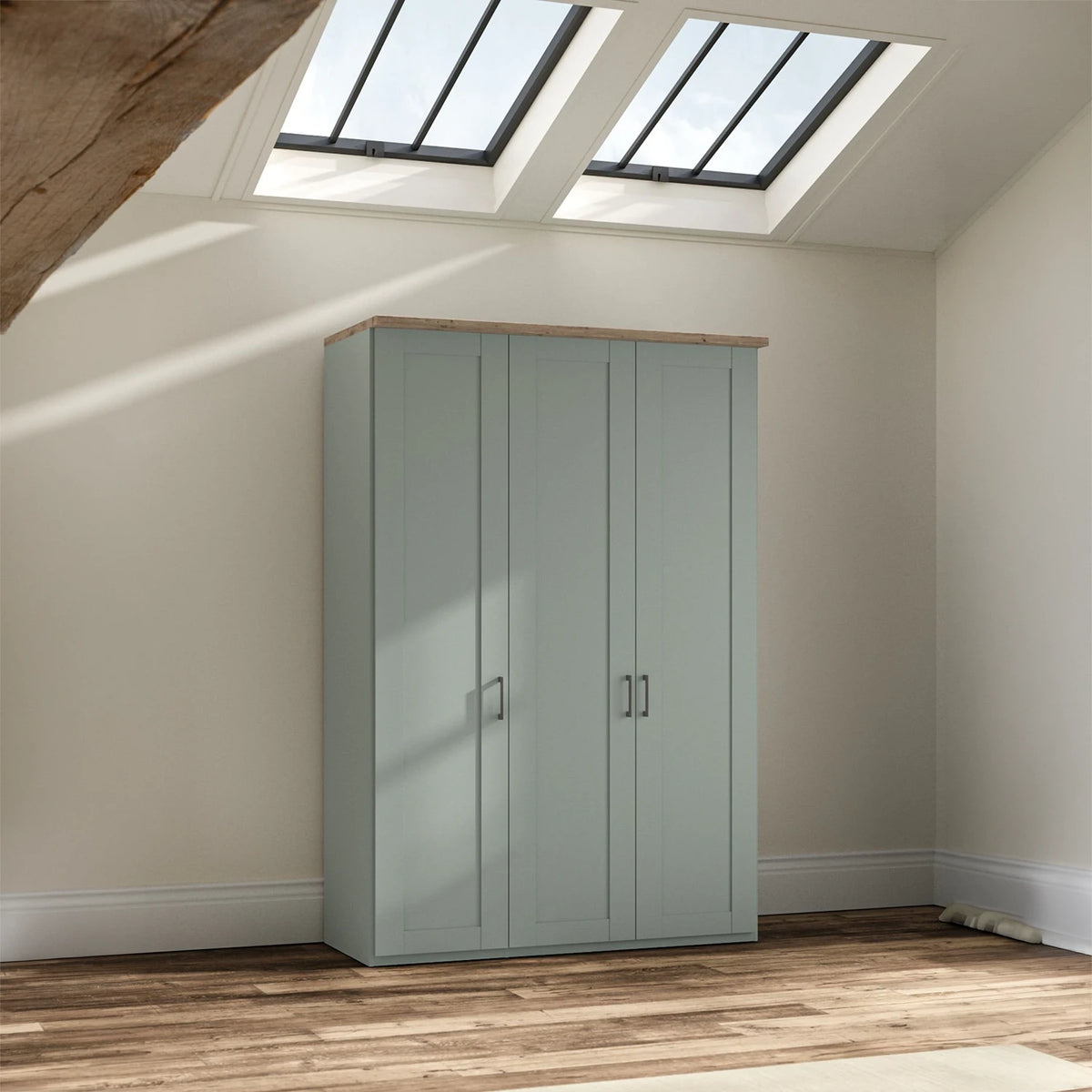 Wiemann Truro 150cm Wide 3 Door Hinged Wardrobe in Sage Green With Oak Cornice 