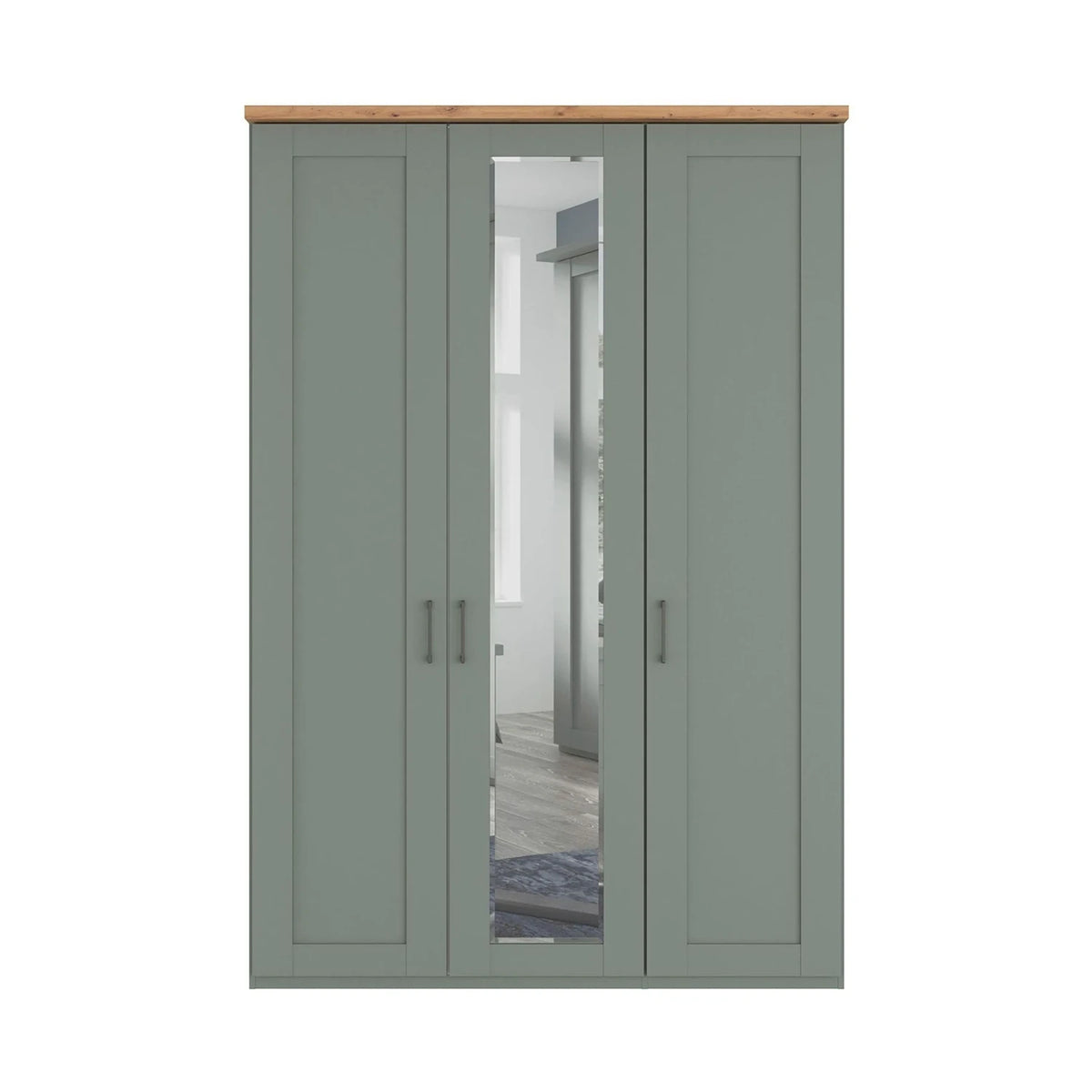 A three-door Wiemann Trurp wardrobe with paneled doors in a muted sage green, featuring a natural wood top and a central mirror door showing an interior reflection.