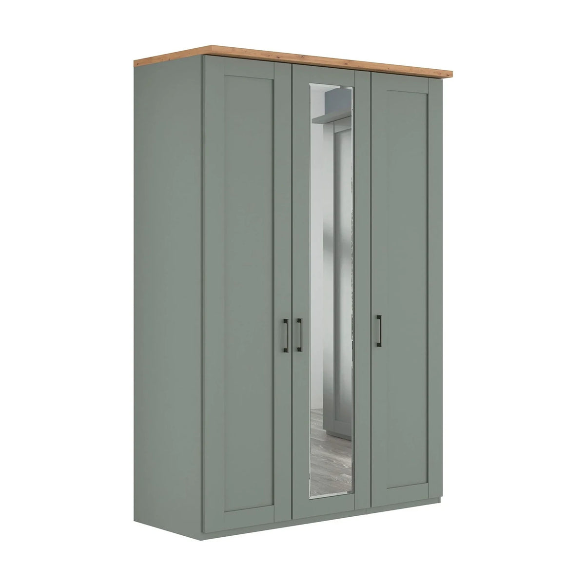 A three-door Wiemann Truro wardrobe with a muted sage green painted finish, featuring two solid doors and one mirrored door, topped with a natural wood grain surface.