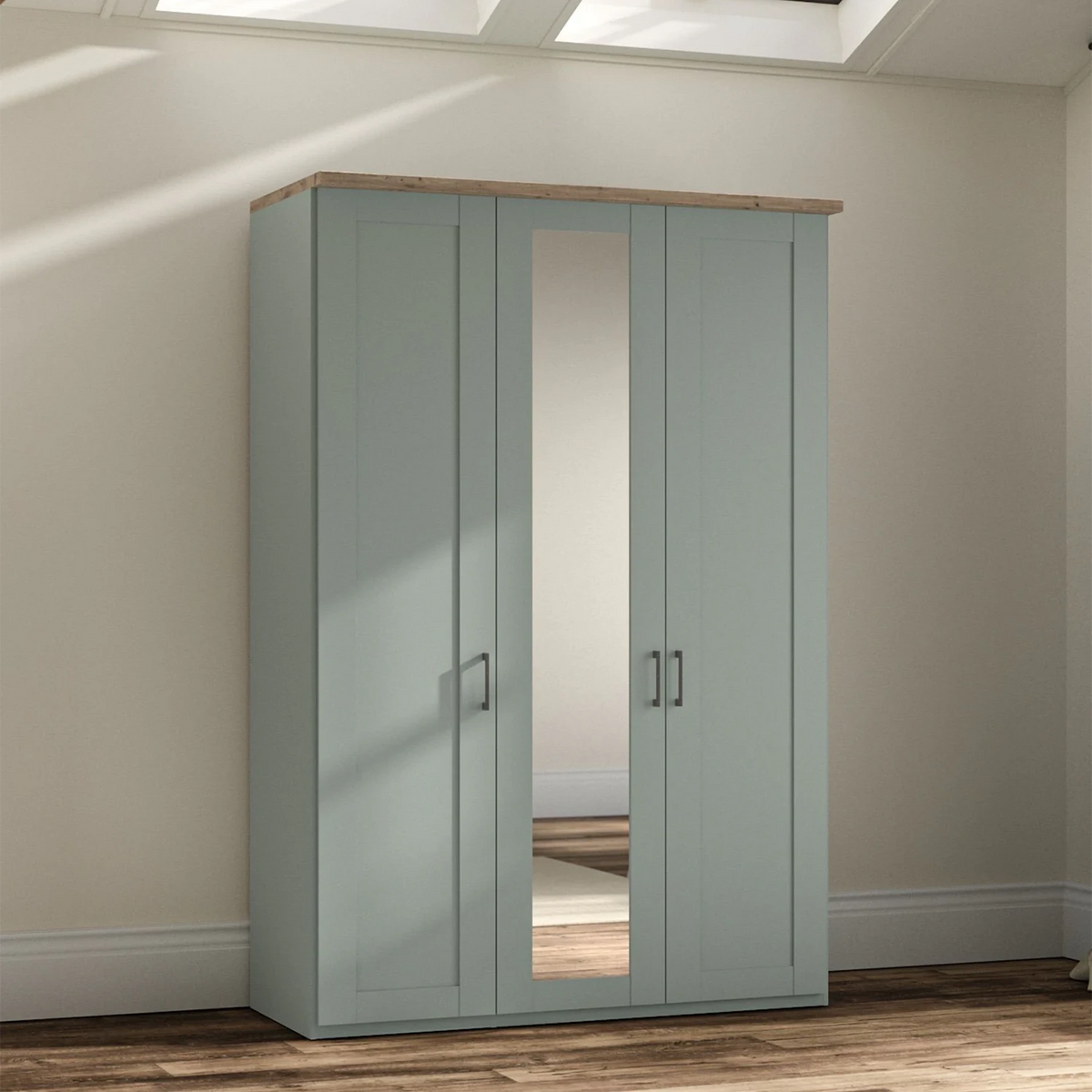 Wiemann Truro 150cm Wide 3 Door Hinged Wardrobe in Sage Green With Oak Cornice and Mirror on the middle door