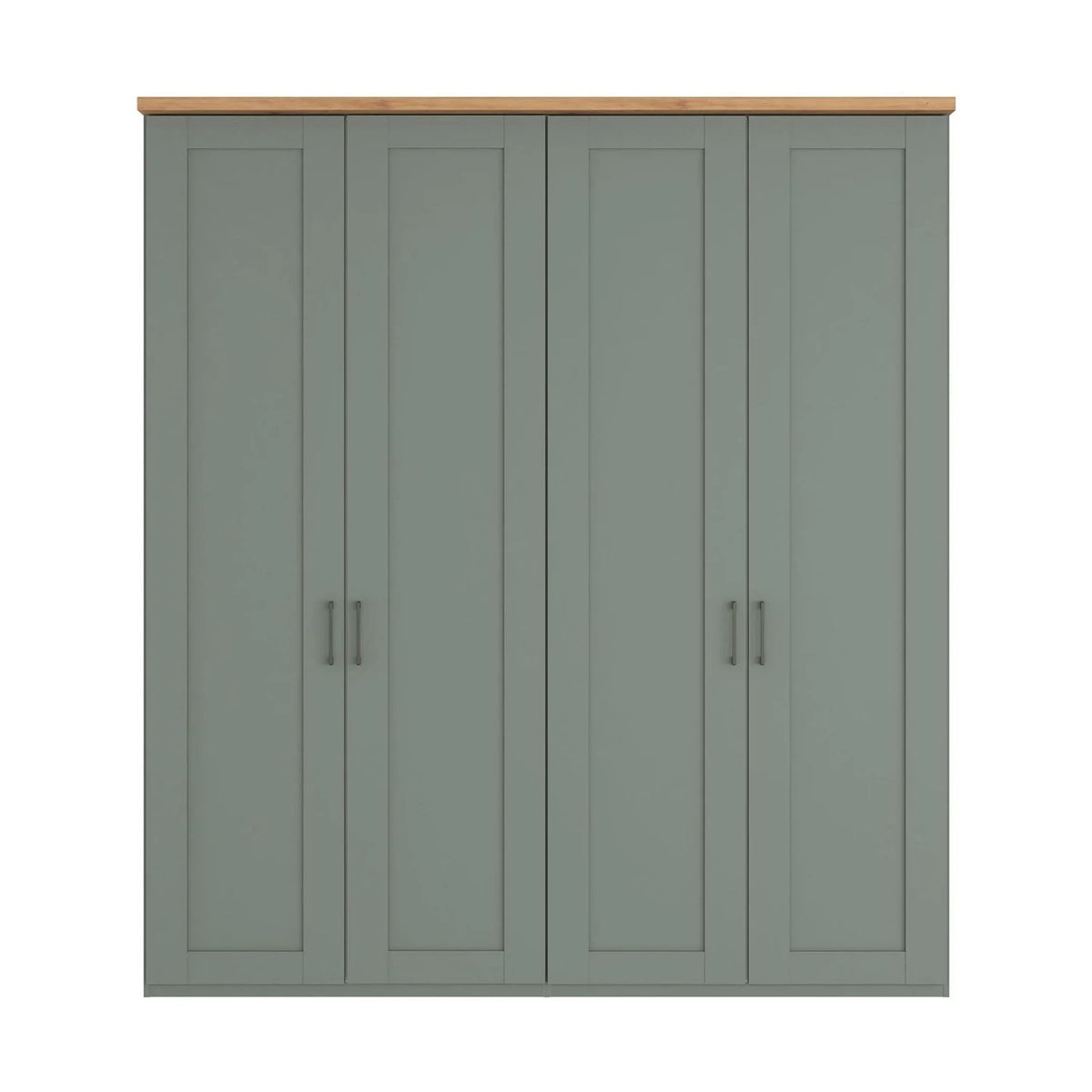 A four-door Truro wardrobe or cabinet with paneled doors in a muted sage green finish, featuring a natural light wood top and slim dark metal handles, shown against a plain white background.