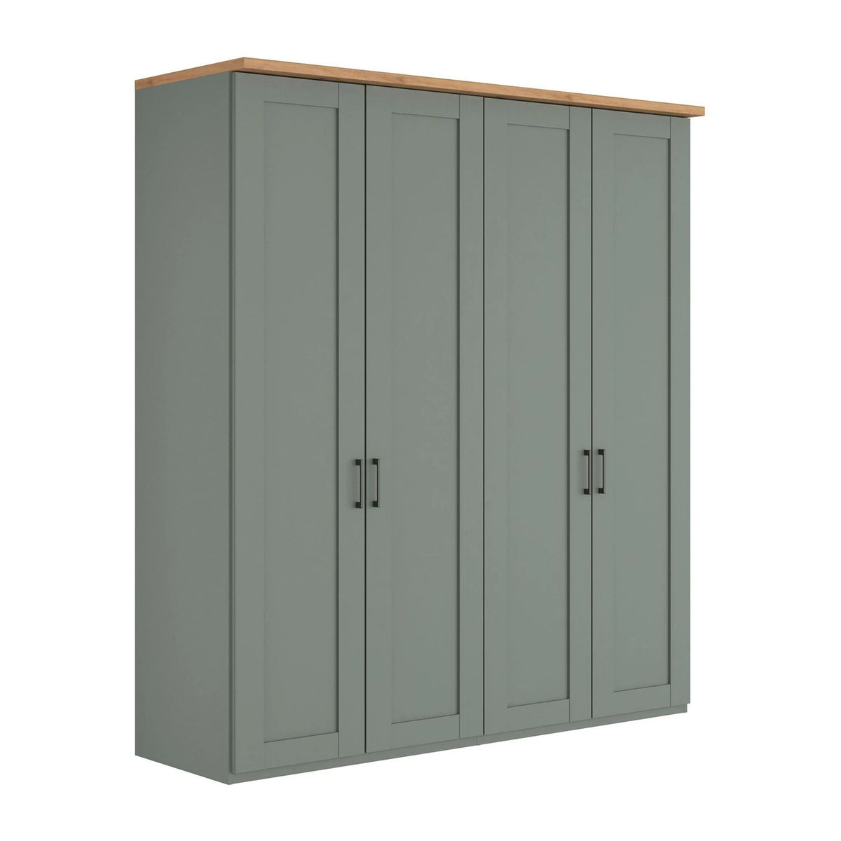 Wiemann Truro four-door wardrobe or storage cabinet in muted sage green with a natural light wood top and slim black handles, shown on a plain white background.