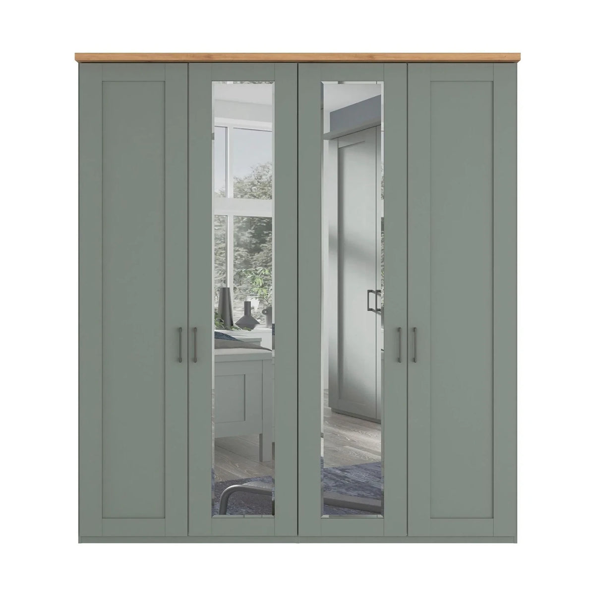 A four-door Wiemann Truro Shaker style wardrobe with paneled doors in a muted sage green, featuring two mirrored glass doors and a natural wood top.