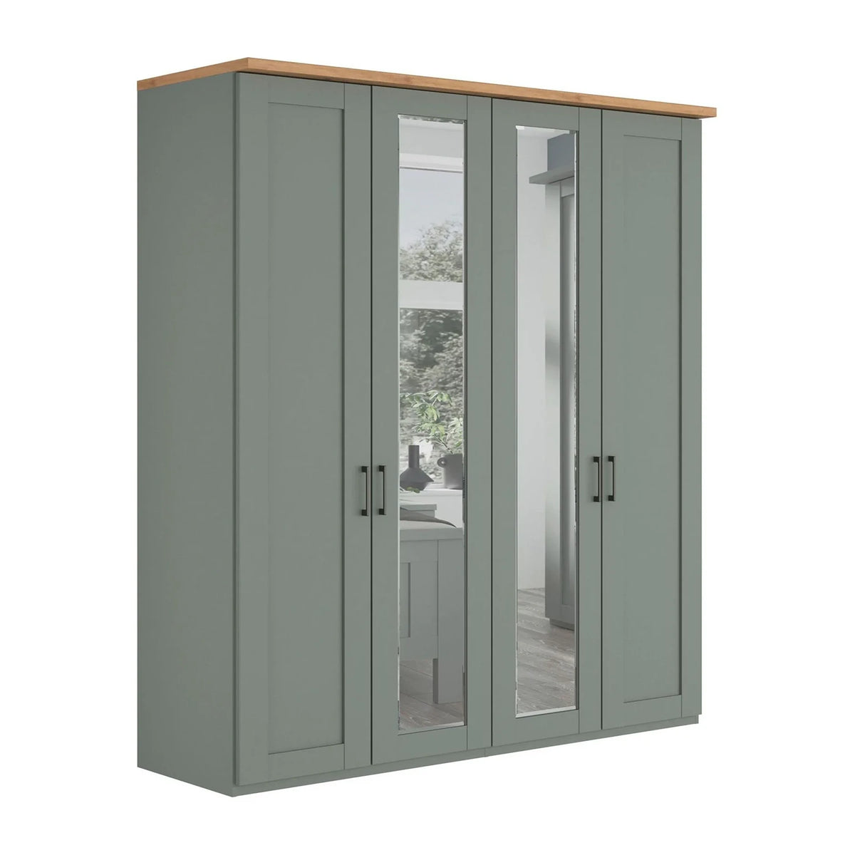 A four-door 200cm Wide Wiemann Truro Shaker style wardrobe with paneled doors in a muted sage green, featuring two mirrored glass doors and a natural wood top.