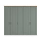 A 5 door 250cm Wide Wiemann Truro Shaker style wardrobe in Sage Green Finish with Bianco Oak Cornice