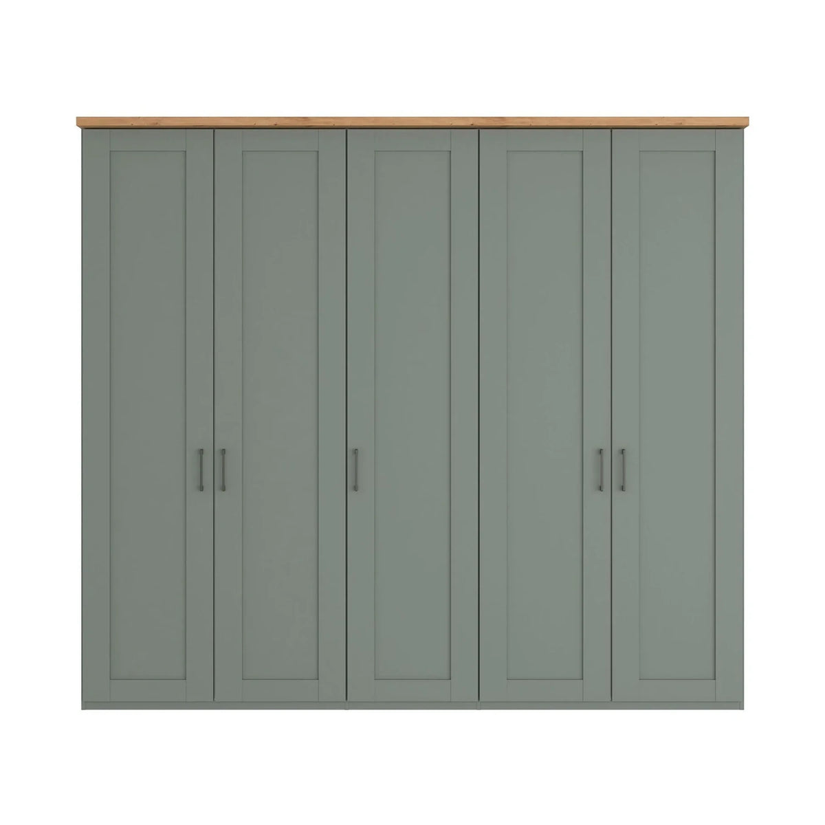 A 5 door 250cm Wide Wiemann Truro Shaker style wardrobe in Sage Green Finish with Bianco Oak Cornice