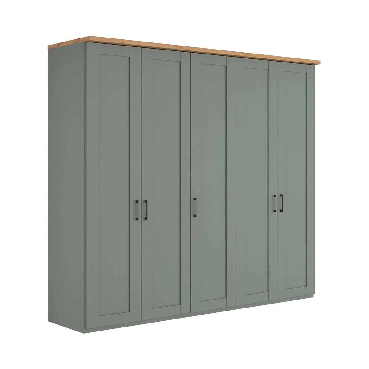 Five door 250cm Wide Wiemann Truro Shaker style wardrobe in Sage Green Finish with Bianco Oak Cornice