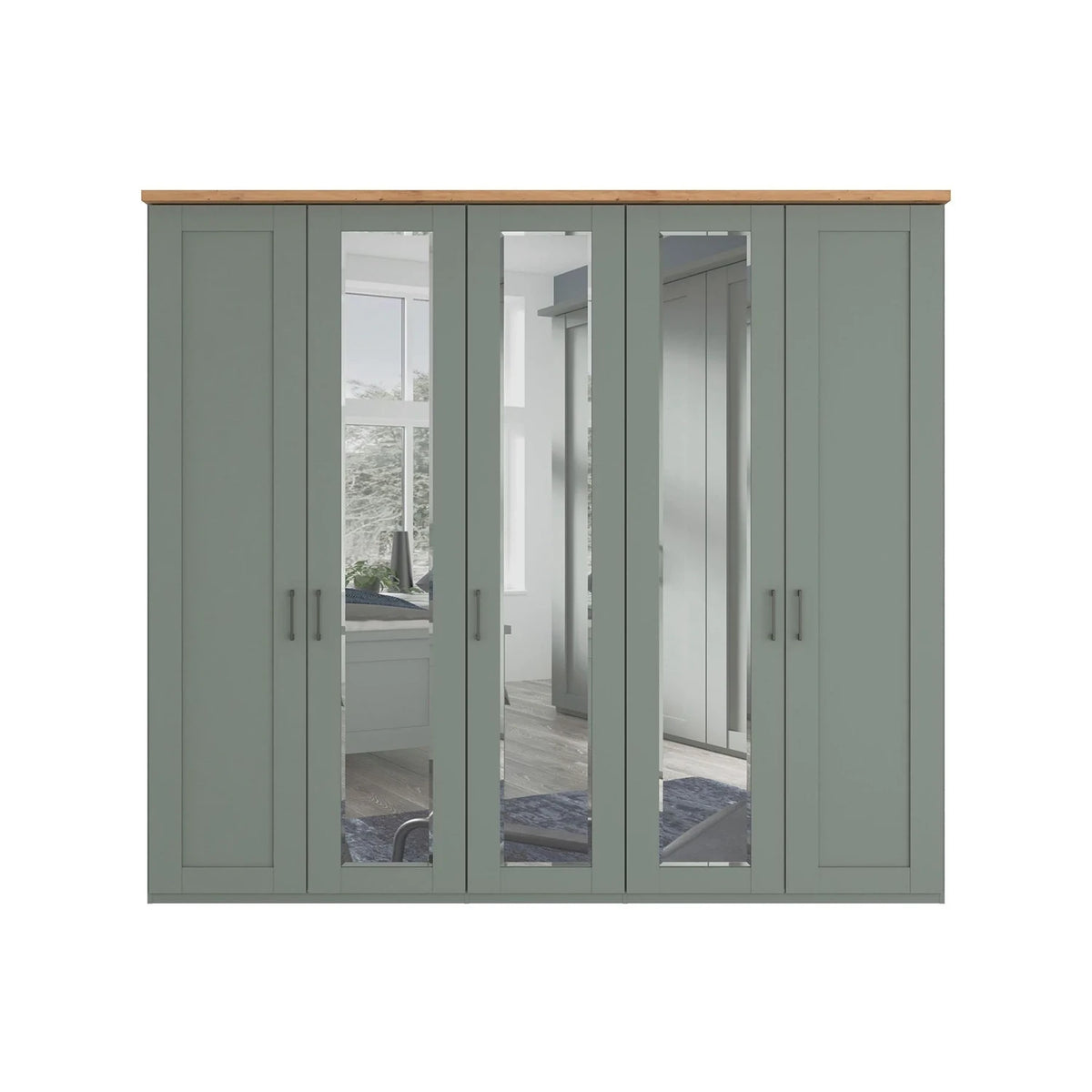 A five-door wiemann Truro wardrobe with a muted sage green painted finish, featuring three mirrored glass doors and three paneled doors, topped with a light natural wood apron.