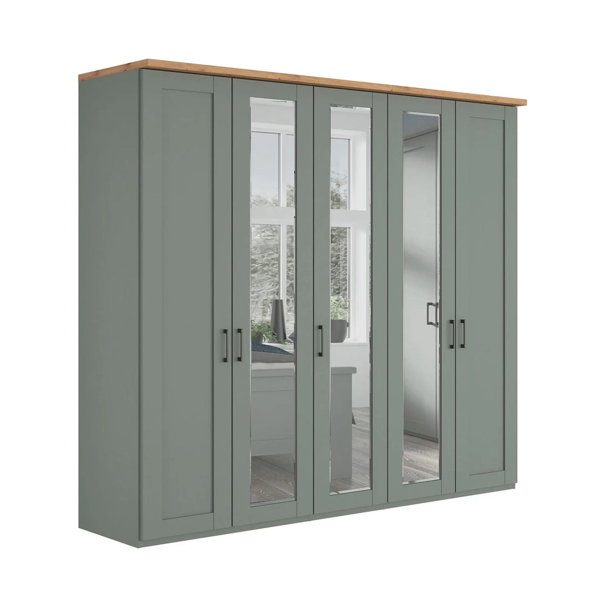 Wiemann Truro Shaker Style 5 Door Hinged Wardrobe in sage Green Colour with 3 Middle Mirror Doors