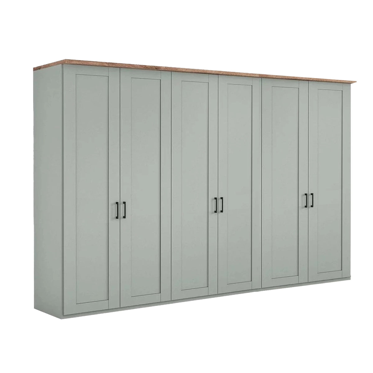 Wiemann Truro Large 6 Door Hinged Wardrobe in Sage Green colour with Oak Cornice Width 300cm Height 220cm