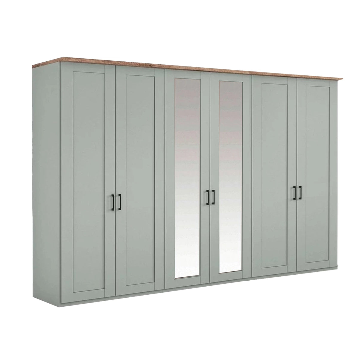 A long Wiemann Truro wardrobe or storage cabinet with six paneled doors in a muted sage green finish, including two central mirrored doors, a light wood top, and slim black handles, shown on a plain white background.