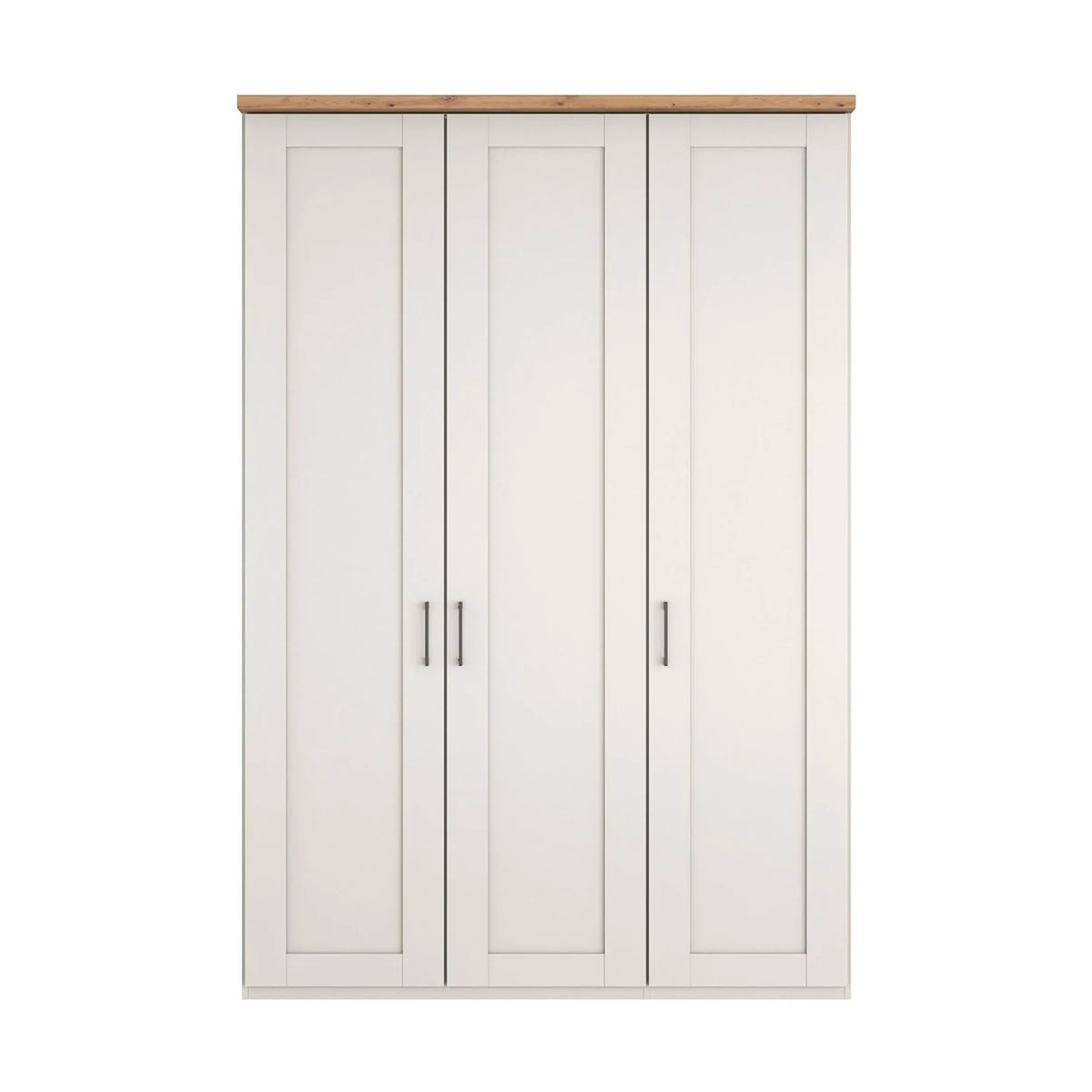 A three-door Wiemann Truro wardrobe or closet cabinet with paneled doors in an off-white finish, featuring a natural light wood top and slim silver handles, shown against a plain white background.