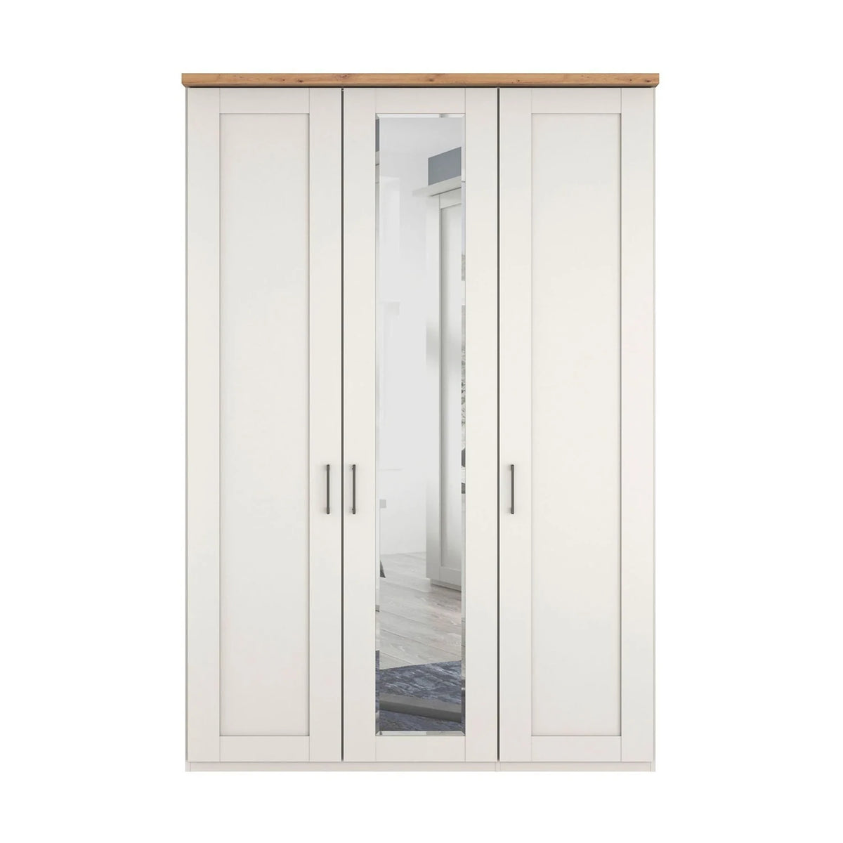 A tall white three-door Wiemann Truro wardrobe with a natural wood top and a central mirror door, shown against a plain white background.