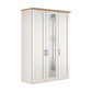 A tall three-door Truro Adeline wardrobe with two solid doors and one mirrored door, finished in off-white with a natural oak wood top and slim black handles.