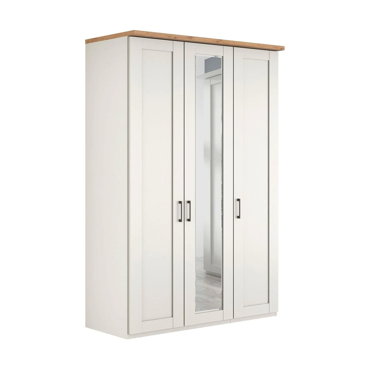 A tall three-door Truro Adeline wardrobe with two solid doors and one mirrored door, finished in off-white with a natural oak wood top and slim black handles.