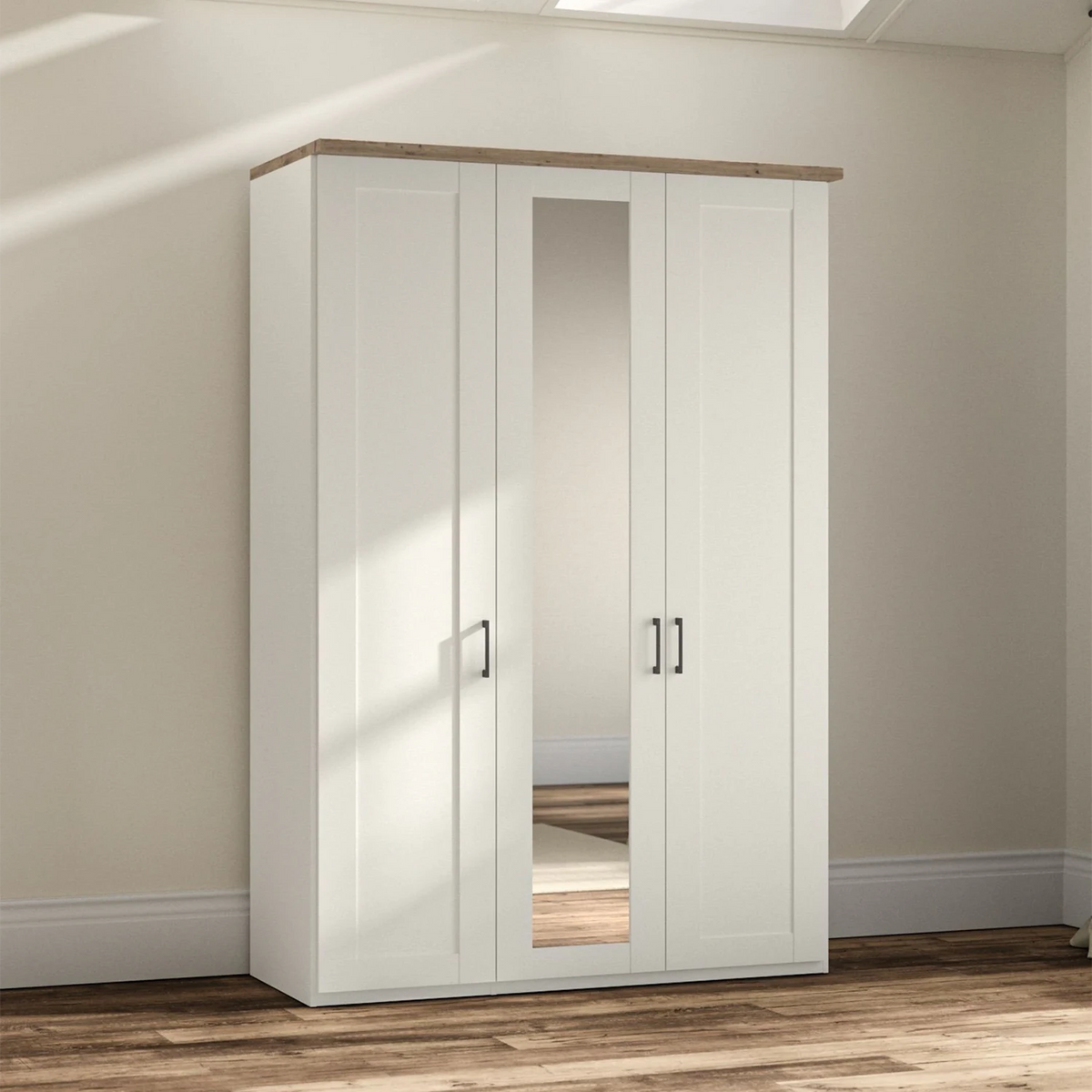 Wiemann Truro 150cm Wide 3 Door Hinged Wardrobe in White With Oak Cornice and Mirror on the middle door