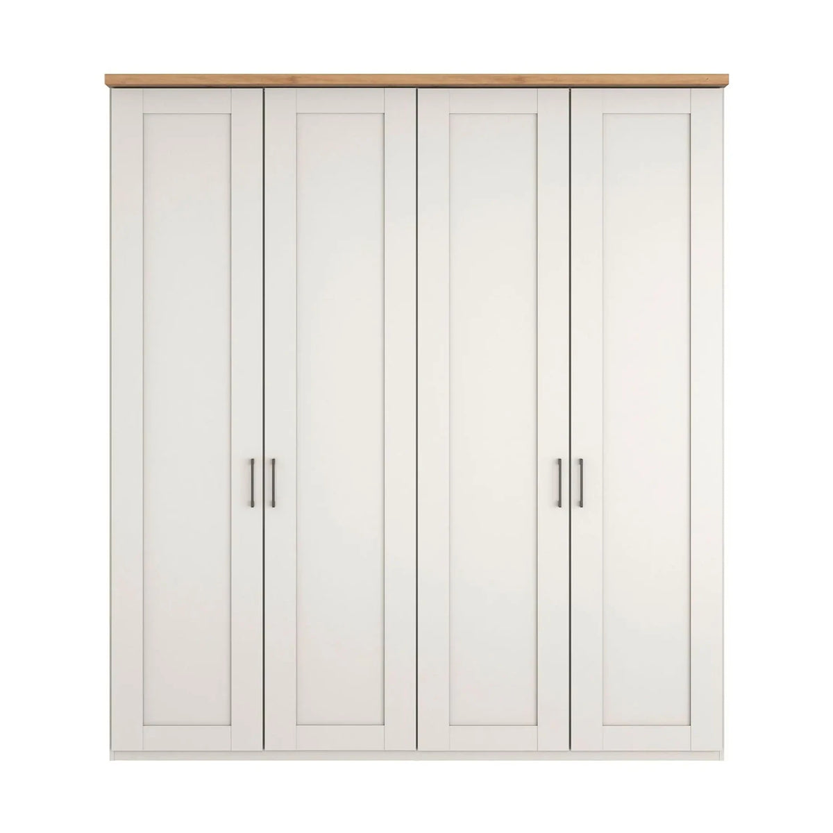 A four-door Wiemann Truro Shaker style wardrobe with paneled doors in a White, featuring a natural wood top cornice.