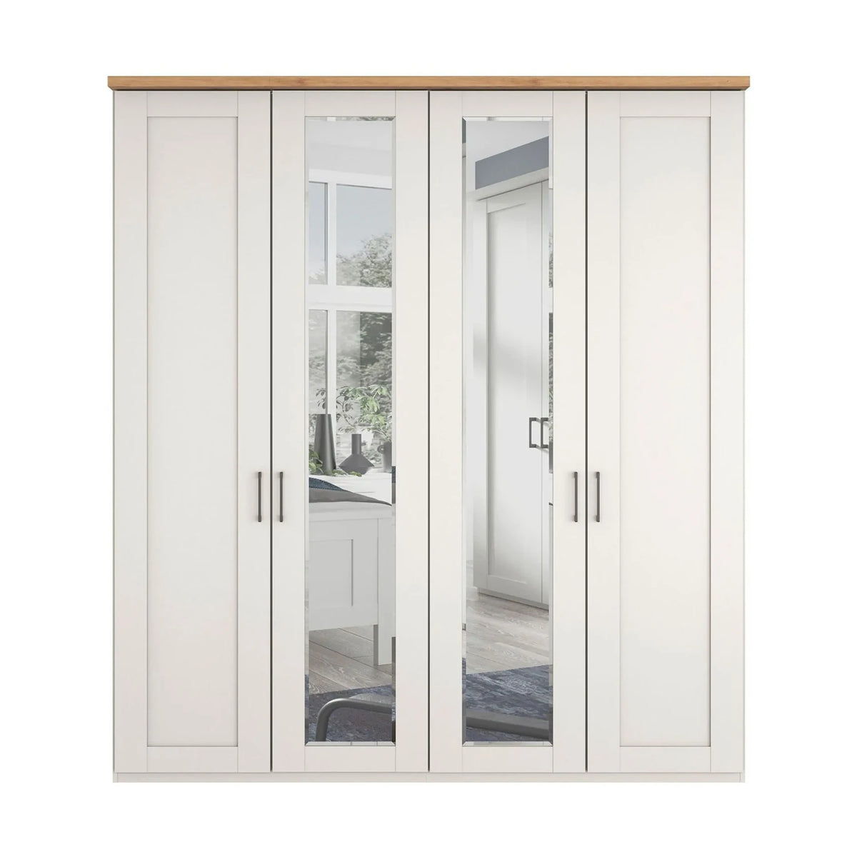 A tall white Wiemann Truro four-door wardrobe with two Mirror doors and two solid doors, and Oak Cornice