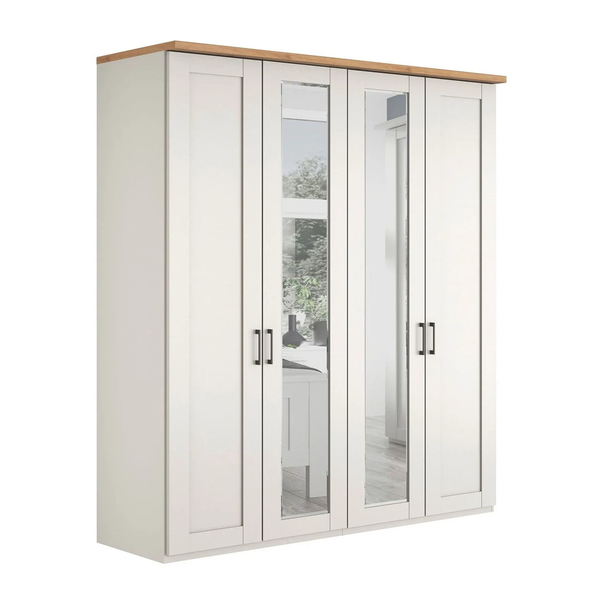A four-door Wiemann Truro Shaker style wardrobe with paneled doors in a White, featuring a natural wood top cornice and Mirror Middle Doors