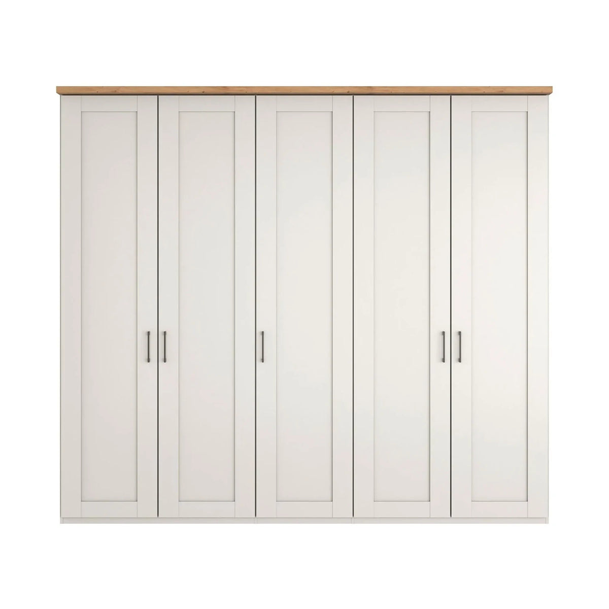 A 5 door 250cm Wide Wiemann Truro Shaker style wardrobe in White colour Finish with Bianco Oak Cornice
