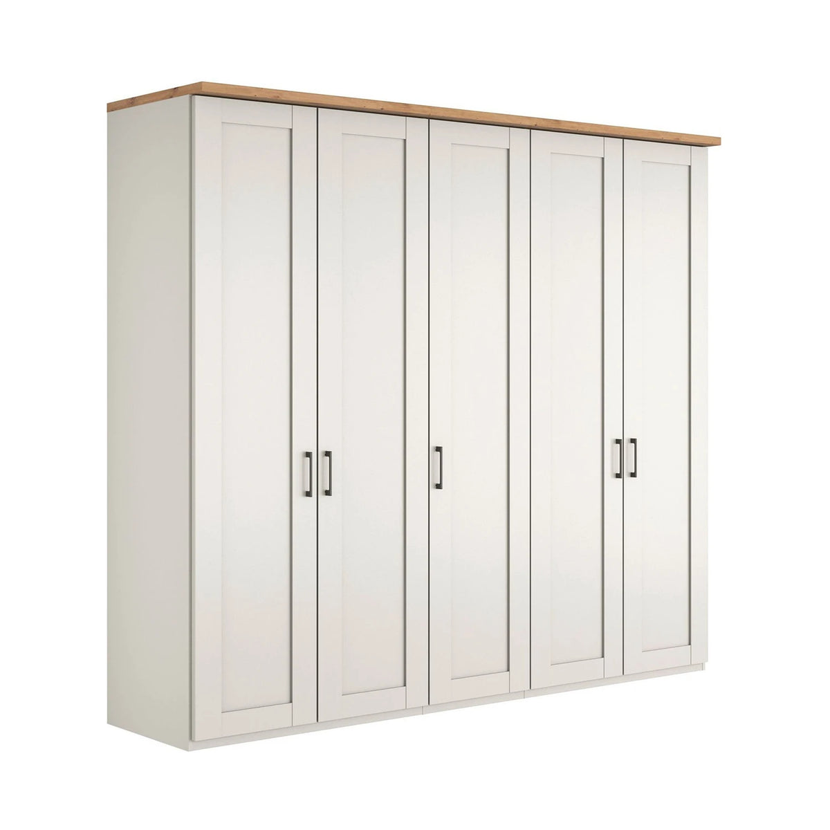 A 5 door 250cm Wide Wiemann Truro Shaker style wardrobe in White colour Finish with Bianco Oak Cornice